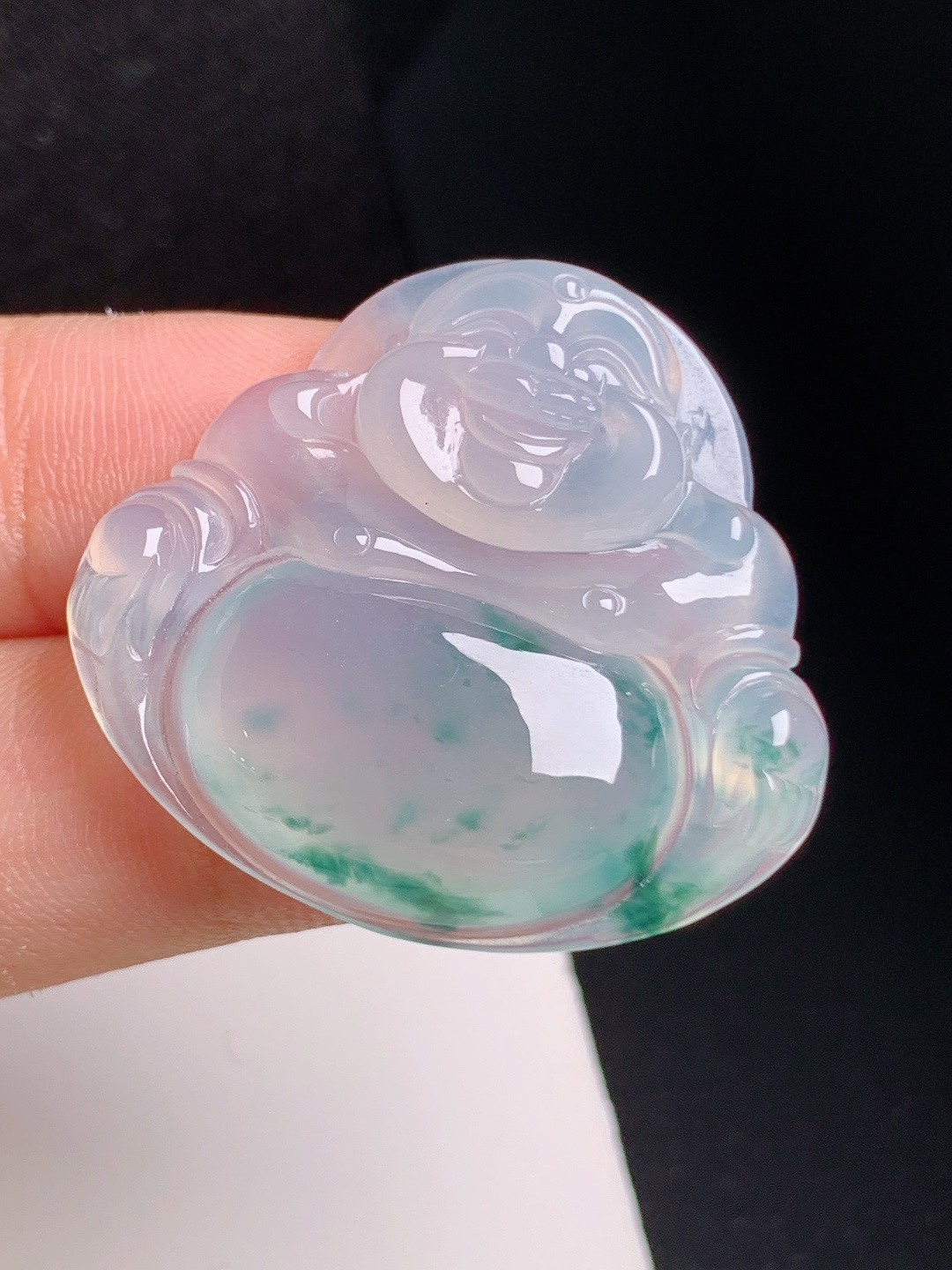 冰种飘花佛公，胶感十足，笑态祥和，笑口常开