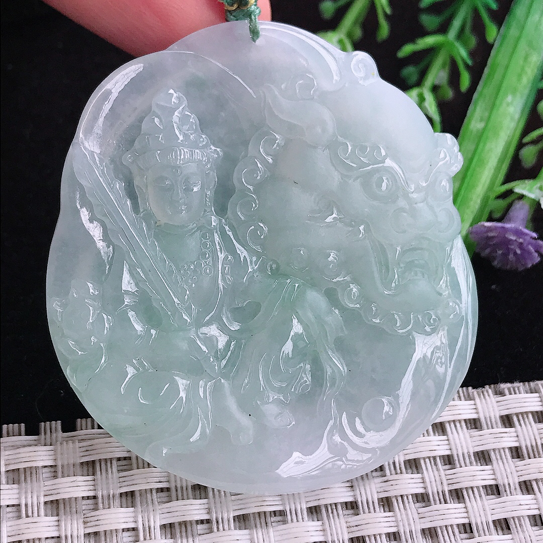 实拍A货翡翠手镯53/49/6.1老坑冰胶冰晴文殊菩萨吊坠翡翠玉挂件
