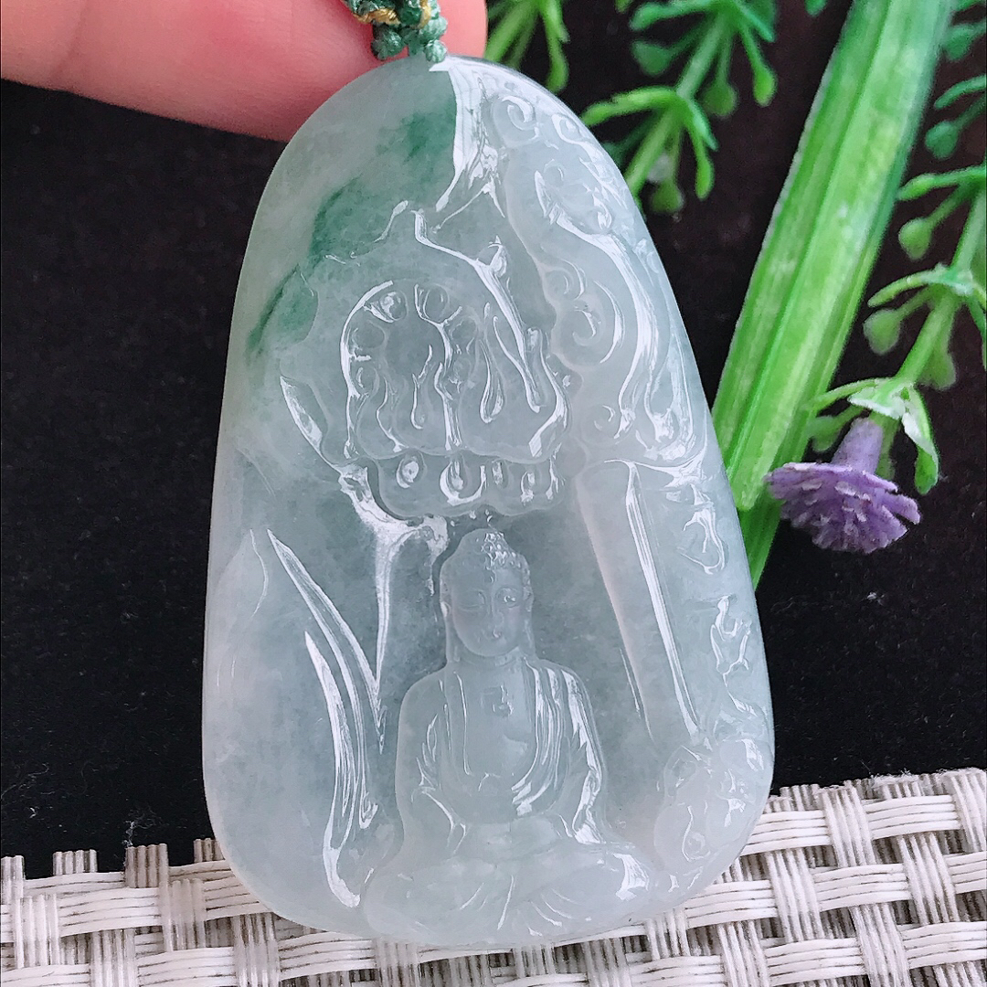 实拍A货翡翠53.6/34.7/6老坑冰透起胶冰飘花大日如来佛祖吊坠翡翠玉佛