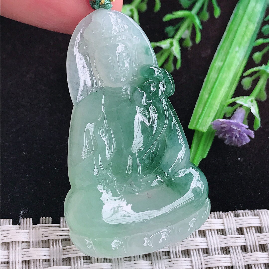 实拍A货翡翠50/30.5/5.8老坑冰胶飘花素衣观音吊坠翡翠玉挂件