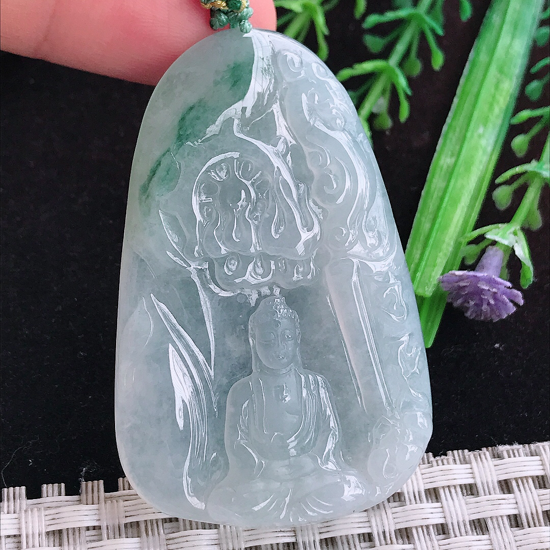实拍A货翡翠53.6/34.7/6老坑冰透起胶冰飘花大日如来佛祖吊坠翡翠玉佛
