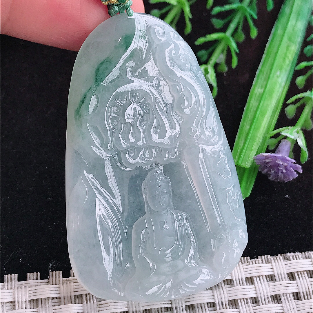 实拍A货翡翠53.6/34.7/6老坑冰透起胶冰飘花大日如来佛祖吊坠翡翠玉佛