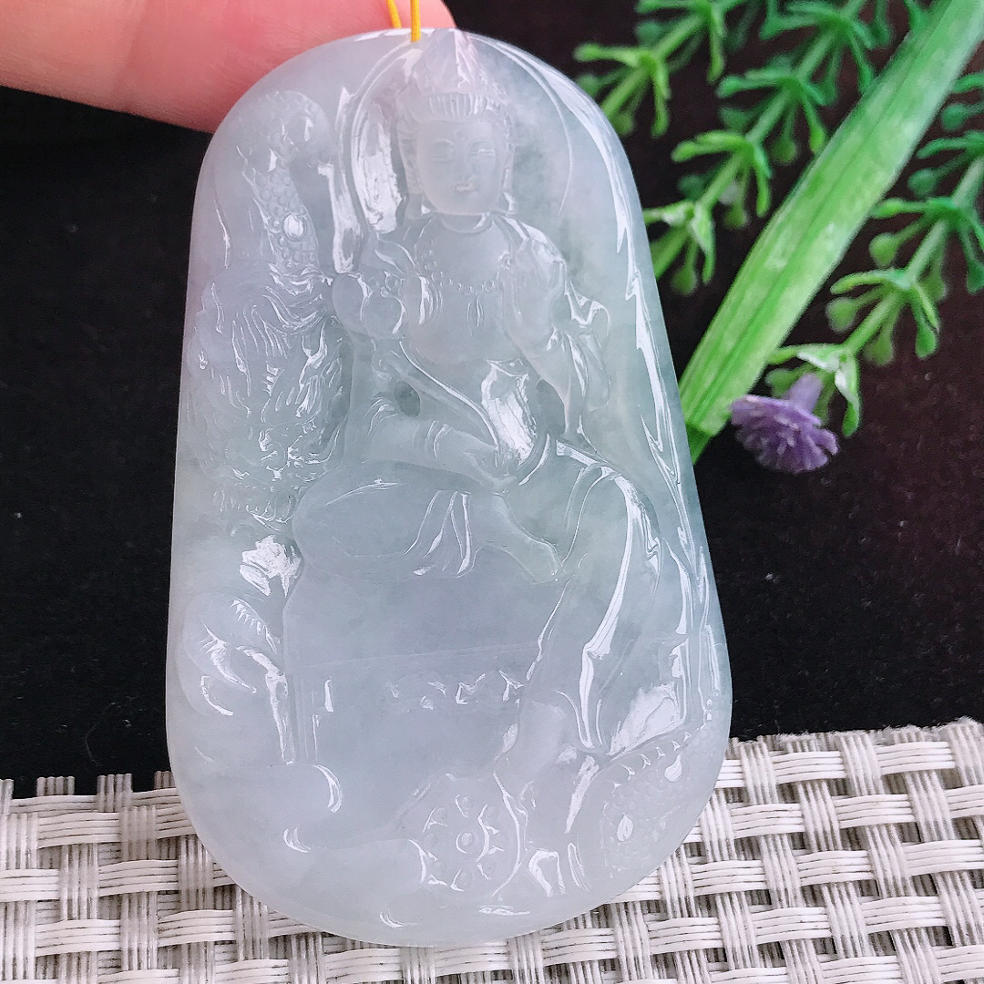 实拍A货翡翠67/43.5/5.5老坑冰胶果冻持莲观音吊坠翡翠玉大势至挂件