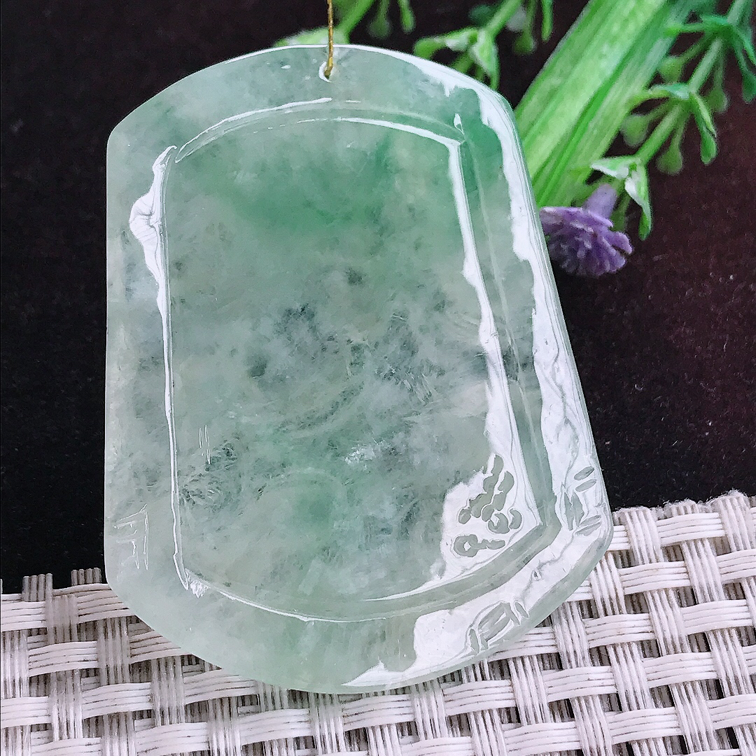 实拍A货翡翠53.6/42/5.5老坑冰胶冰晴绿龙牌吊坠翡翠玉挂件