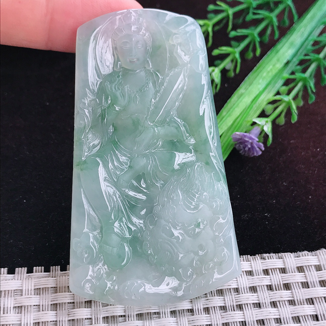 实拍A货翡翠70.5/42.8/5.7老坑冰润起胶冰飘花文殊菩萨吊坠翡翠玉挂件