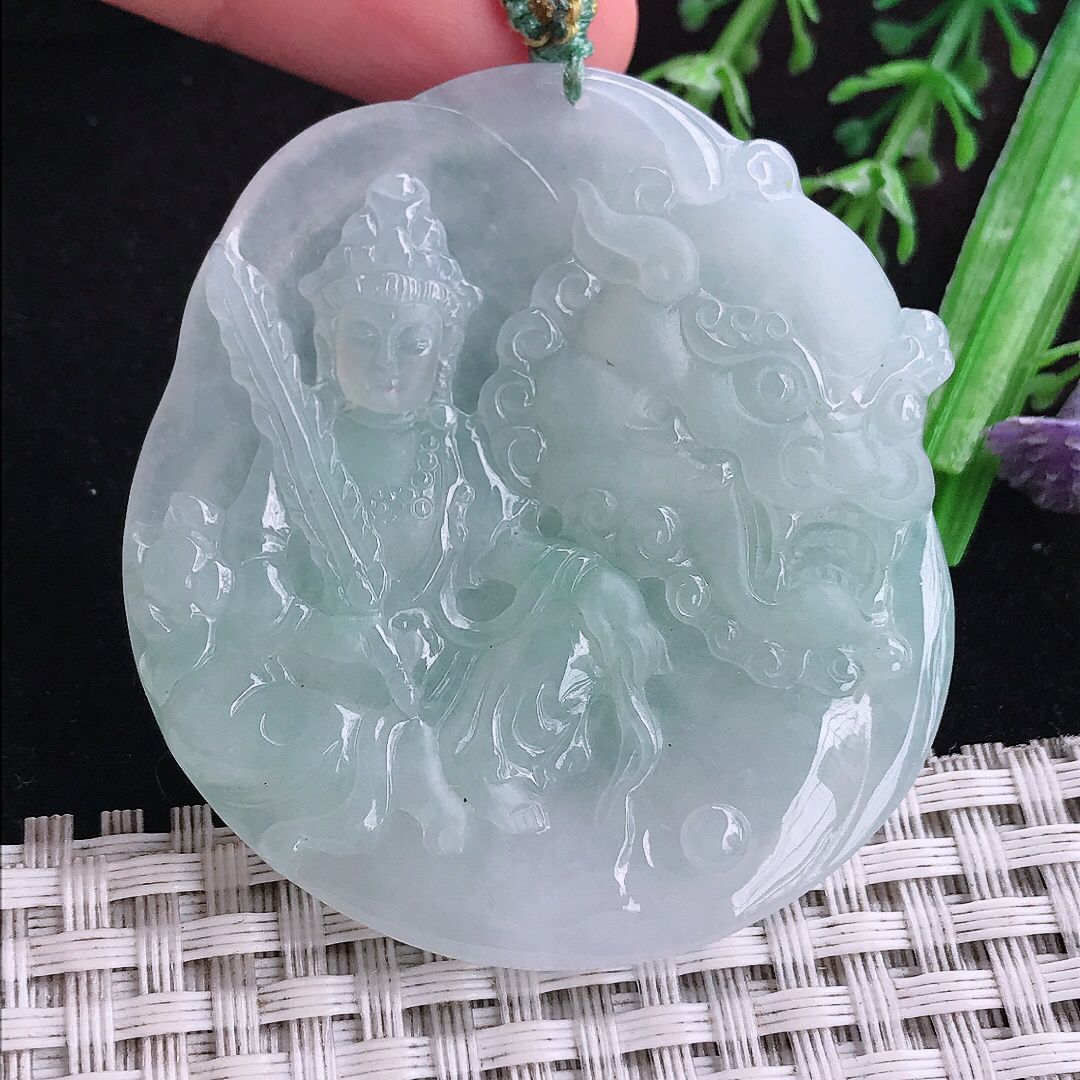 实拍A货翡翠手镯53/49/6.1老坑冰胶冰晴文殊菩萨吊坠翡翠玉挂件