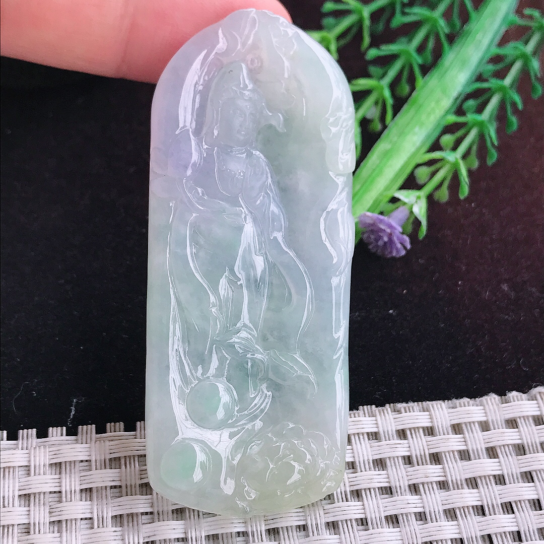 实拍A货翡翠70/29/5.3老坑冰润起胶带紫赐福观音吊坠翡翠玉观音挂件