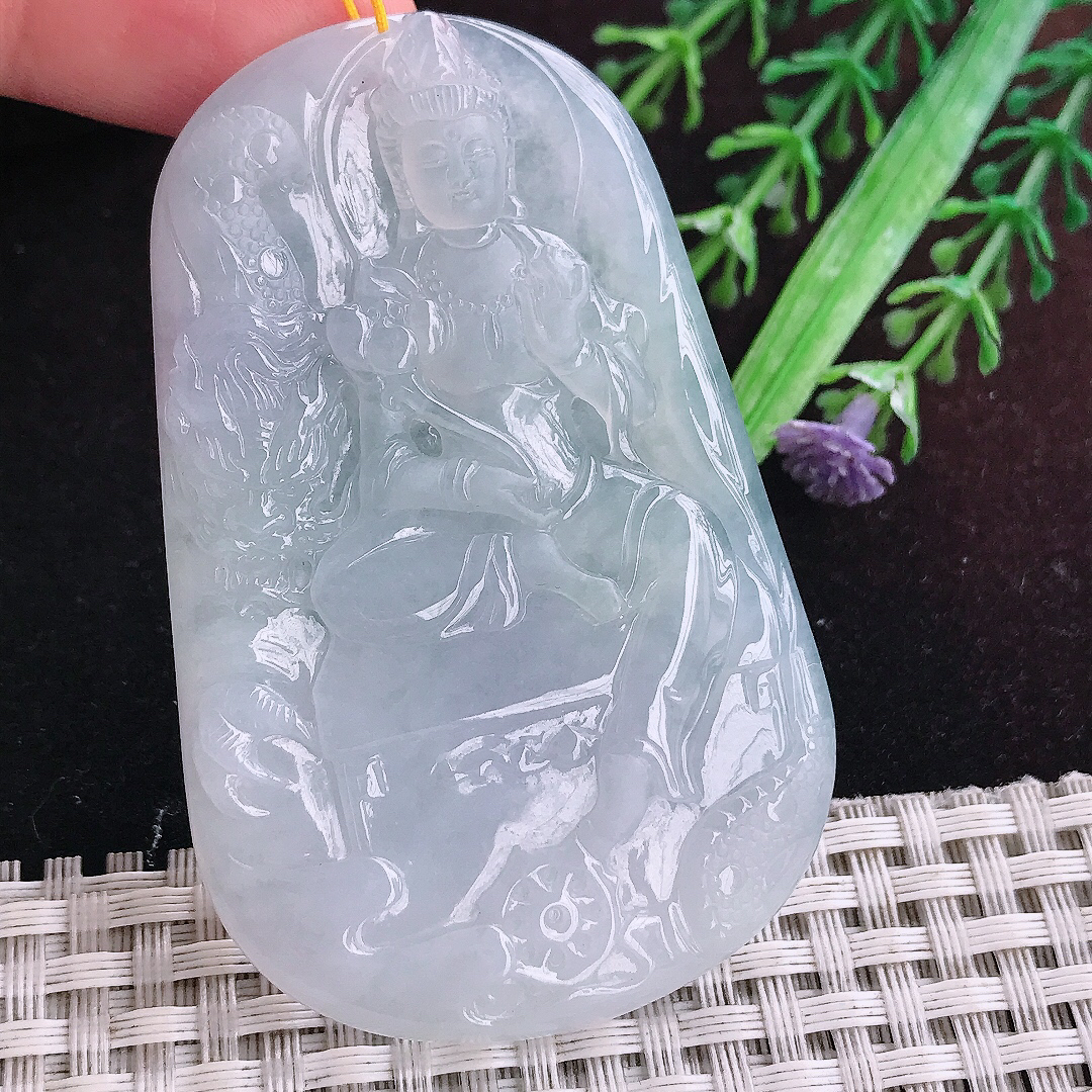 实拍A货翡翠67/43.5/5.5老坑冰胶果冻持莲观音吊坠翡翠玉大势至挂件