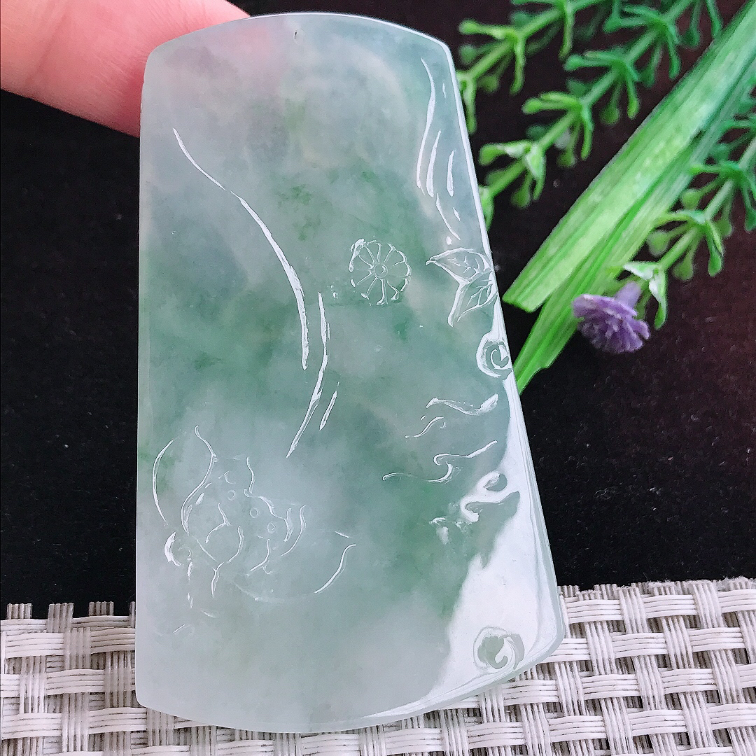 实拍A货翡翠70.5/42.8/5.7老坑冰润起胶冰飘花文殊菩萨吊坠翡翠玉挂件