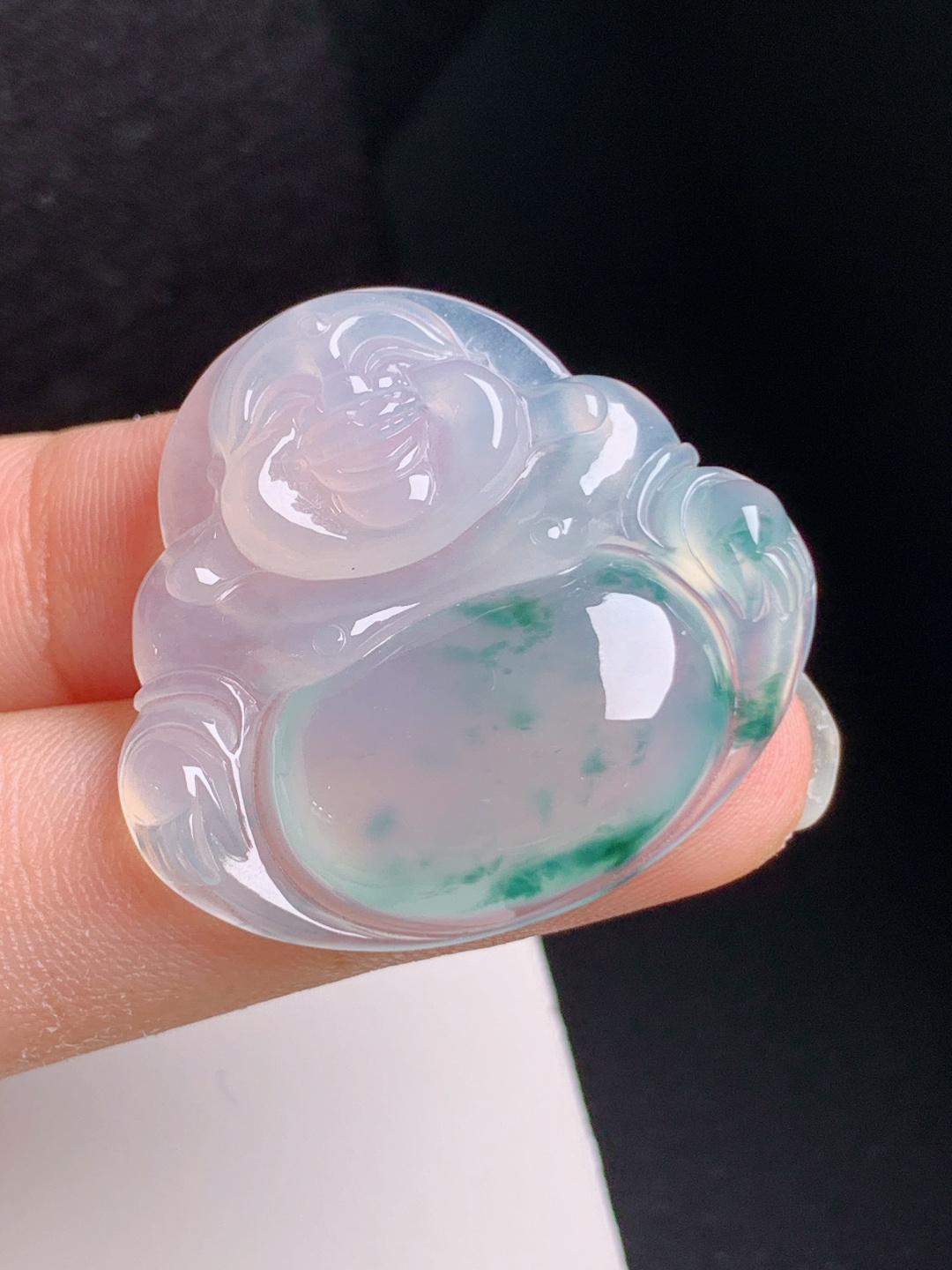 冰种飘花佛公，胶感十足，笑态祥和，笑口常开