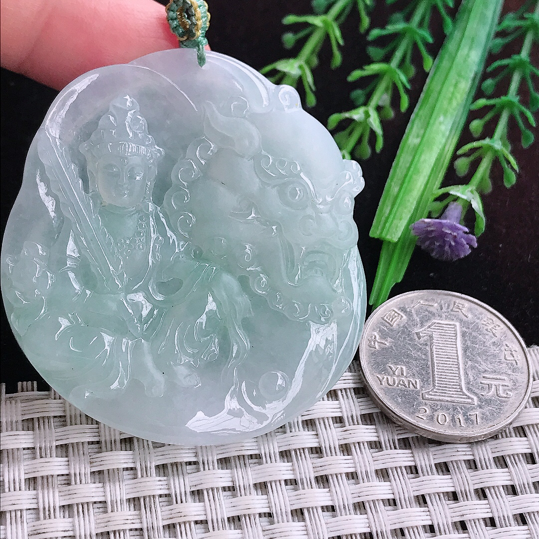 实拍A货翡翠手镯53/49/6.1老坑冰胶冰晴文殊菩萨吊坠翡翠玉挂件