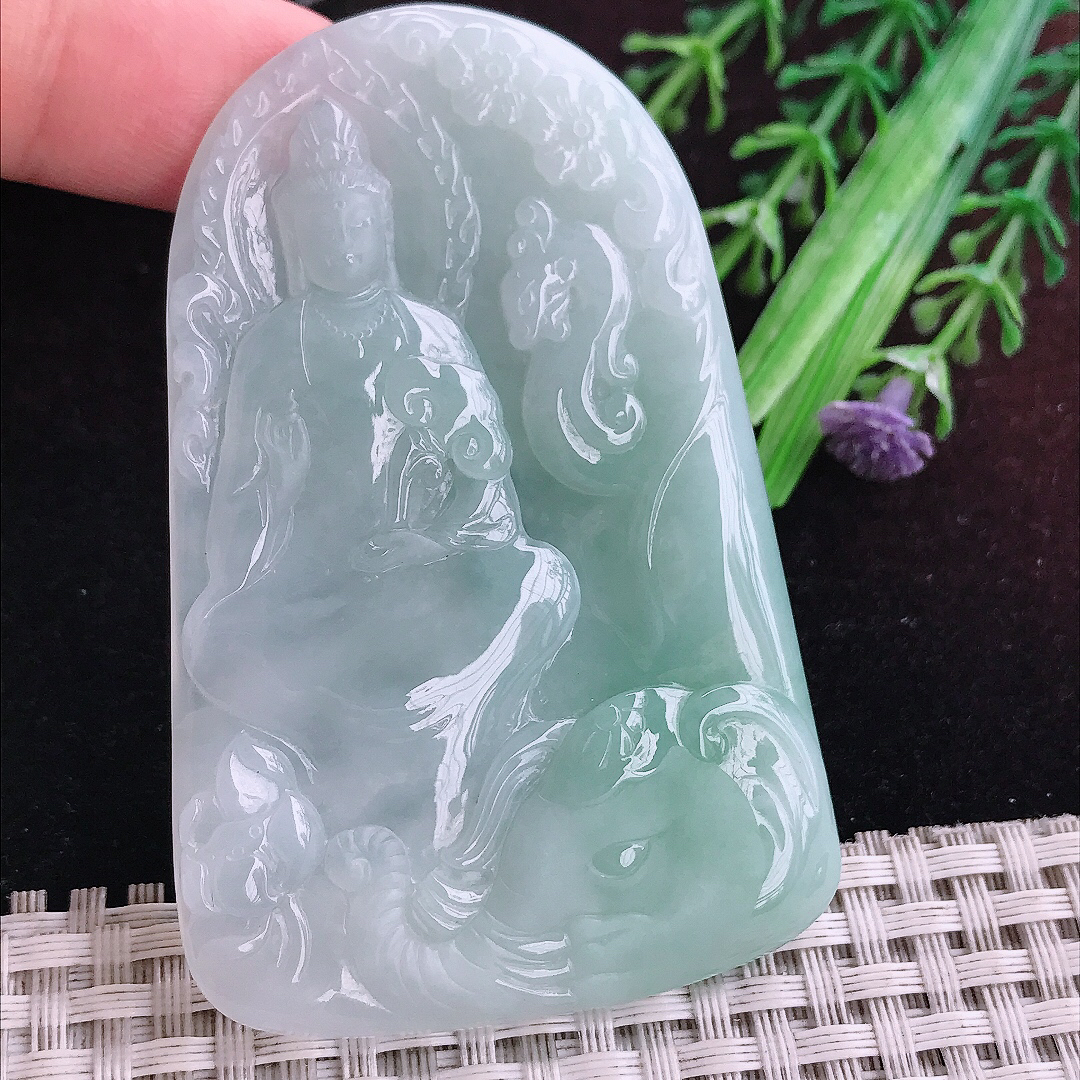 实拍A货翡翠70.6/46/5.6老坑冰润起胶晴底普贤菩萨吊坠翡翠玉观音挂件
