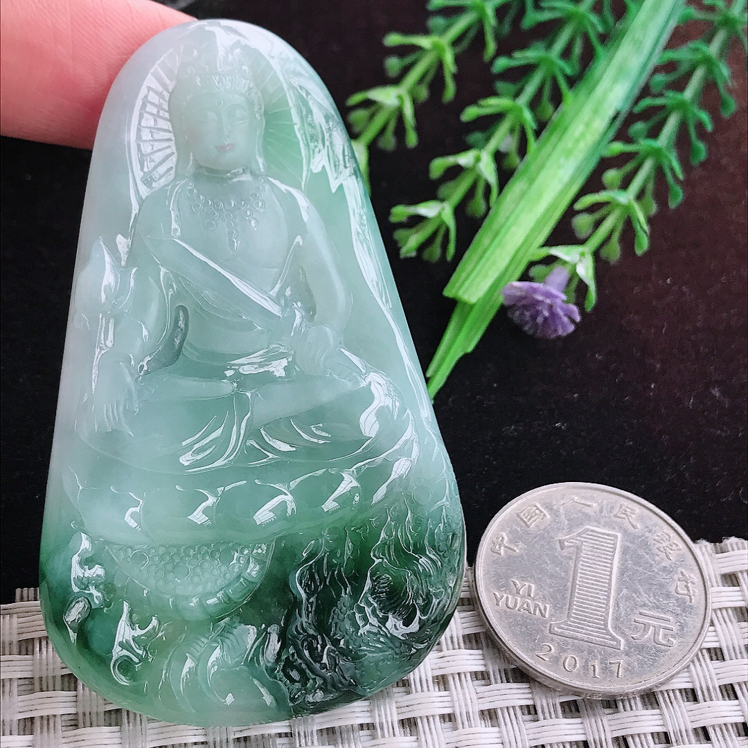 实拍A货翡翠69.6/42.6/5.8老坑冰润起胶飘花御龙观音吊坠翡翠玉挂件