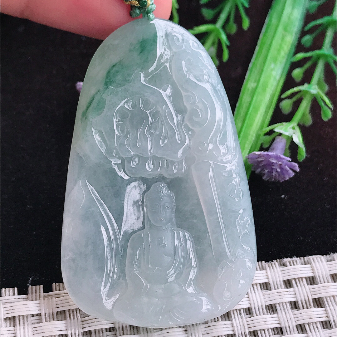 实拍A货翡翠53.6/34.7/6老坑冰透起胶冰飘花大日如来佛祖吊坠翡翠玉佛