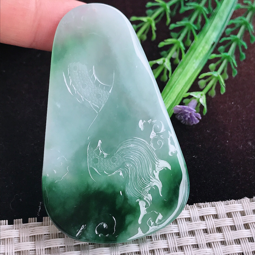 实拍A货翡翠69.6/42.6/5.8老坑冰润起胶飘花御龙观音吊坠翡翠玉挂件