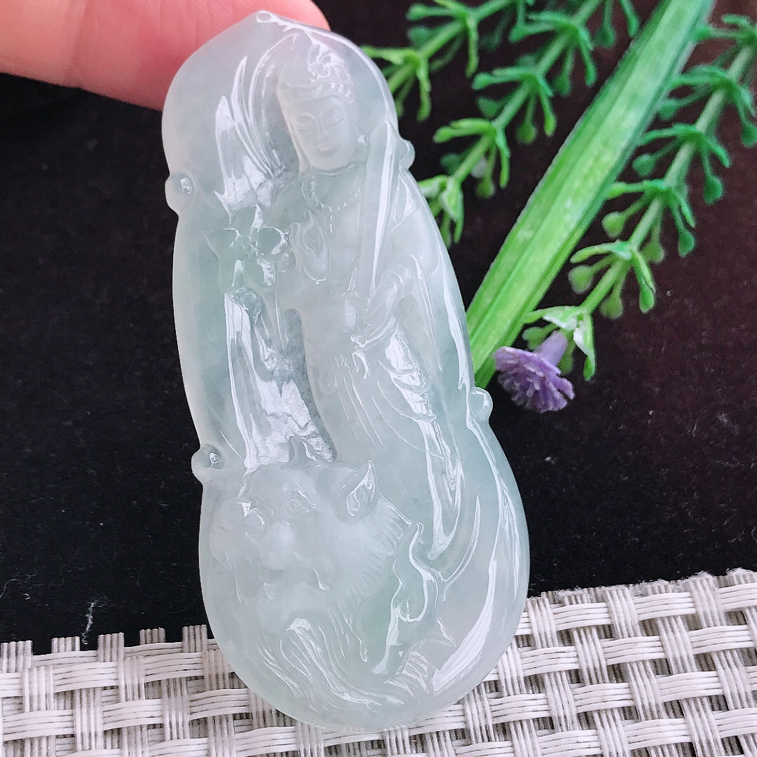 实拍A货翡翠69/32.5/5.5老坑冰透果冻胶冰晴文殊菩萨吊坠翡翠玉挂件