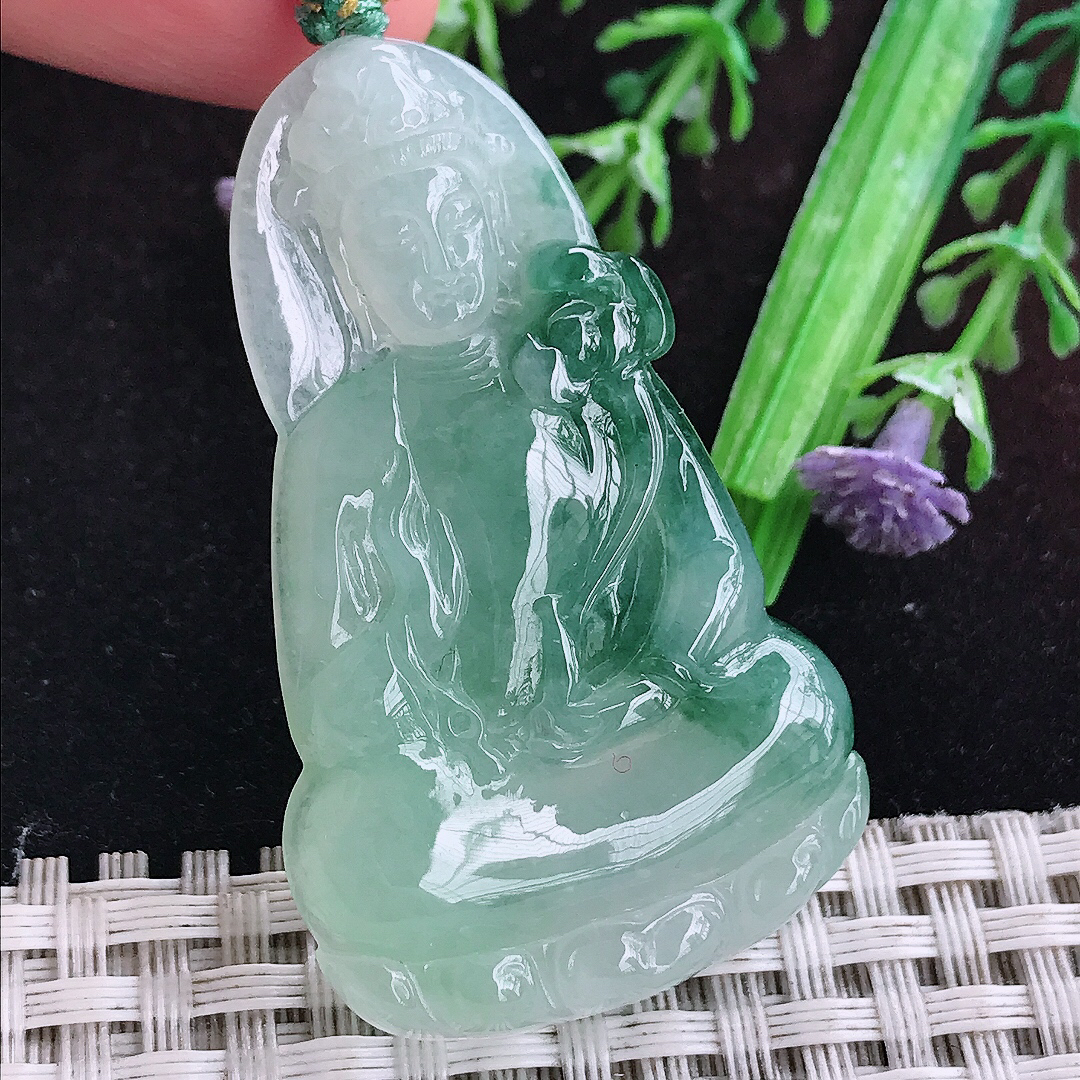 实拍A货翡翠50/30.5/5.8老坑冰胶飘花素衣观音吊坠翡翠玉挂件