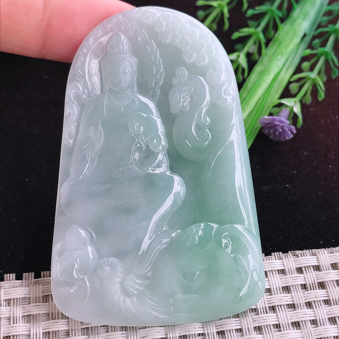 实拍A货翡翠70.6/46/5.6老坑冰润起胶晴底普贤菩萨吊坠翡翠玉观音挂件