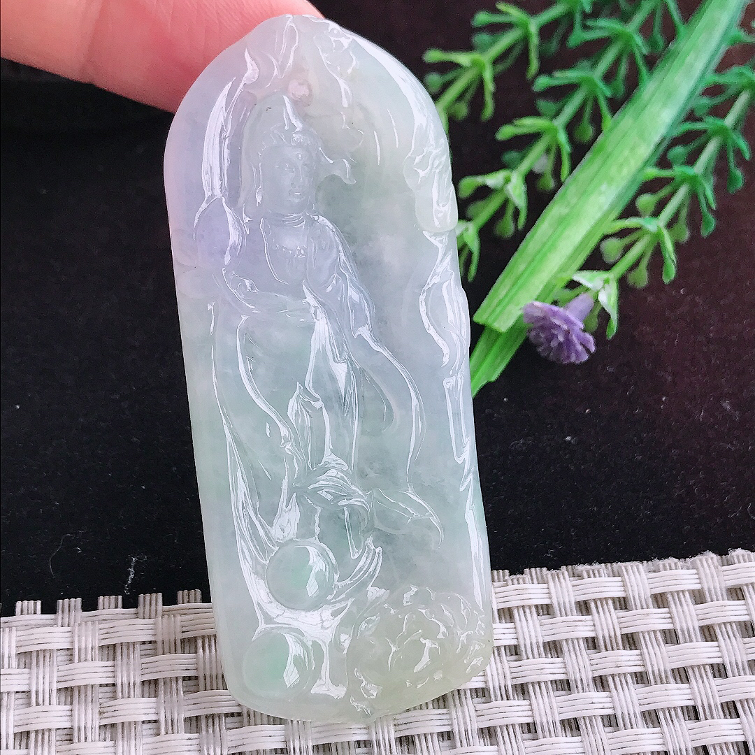 实拍A货翡翠70/29/5.3老坑冰润起胶带紫赐福观音吊坠翡翠玉观音挂件
