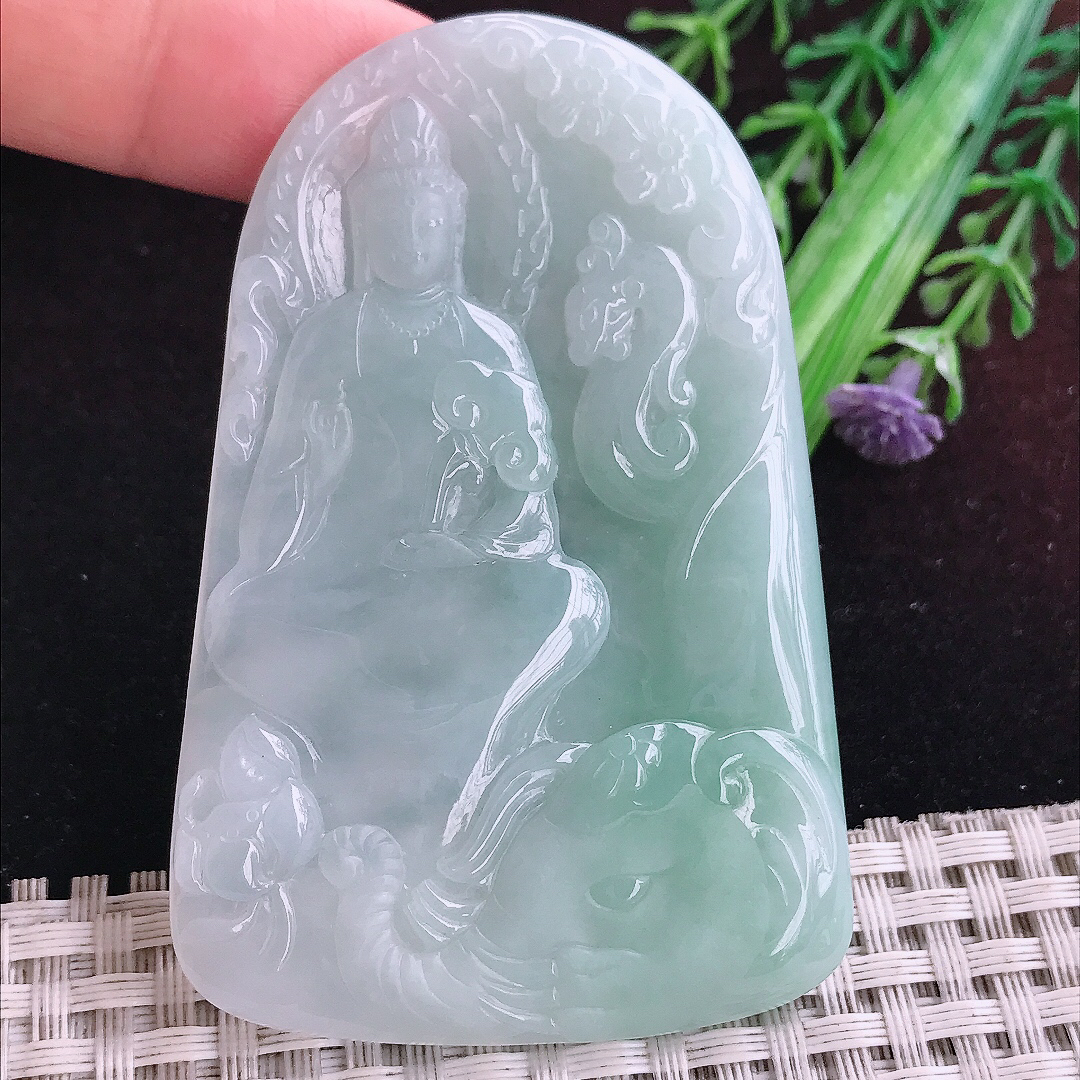 实拍A货翡翠70.6/46/5.6老坑冰润起胶晴底普贤菩萨吊坠翡翠玉观音挂件