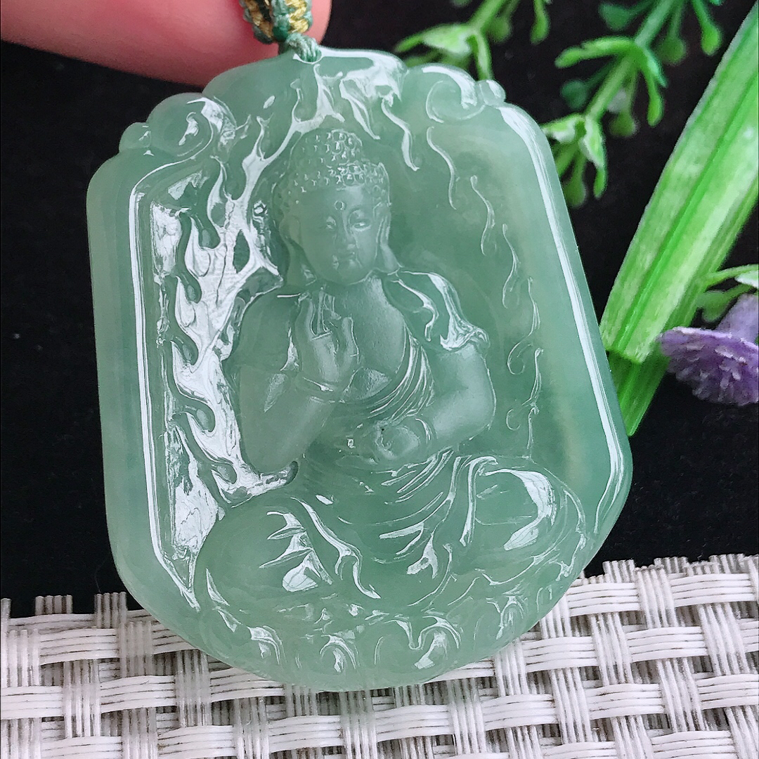实拍A货翡翠48.3/41/5.8老坑冰胶晴底满绿阿弥陀佛吊坠翡翠玉挂件
