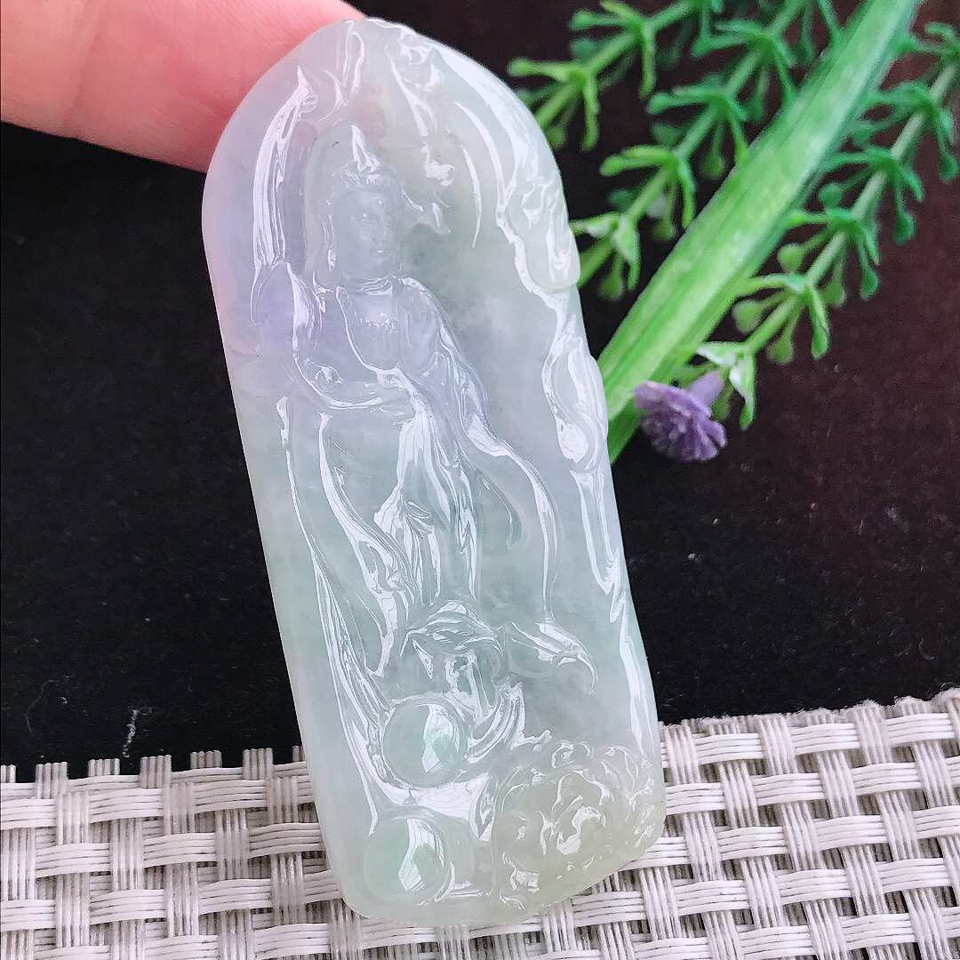 实拍A货翡翠70/29/5.3老坑冰润起胶带紫赐福观音吊坠翡翠玉观音挂件