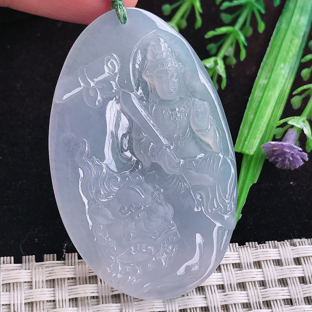 实拍A货翡翠56/36/4.5老坑冰透果冻胶冰紫罗兰文殊菩萨吊坠翡翠玉观音
