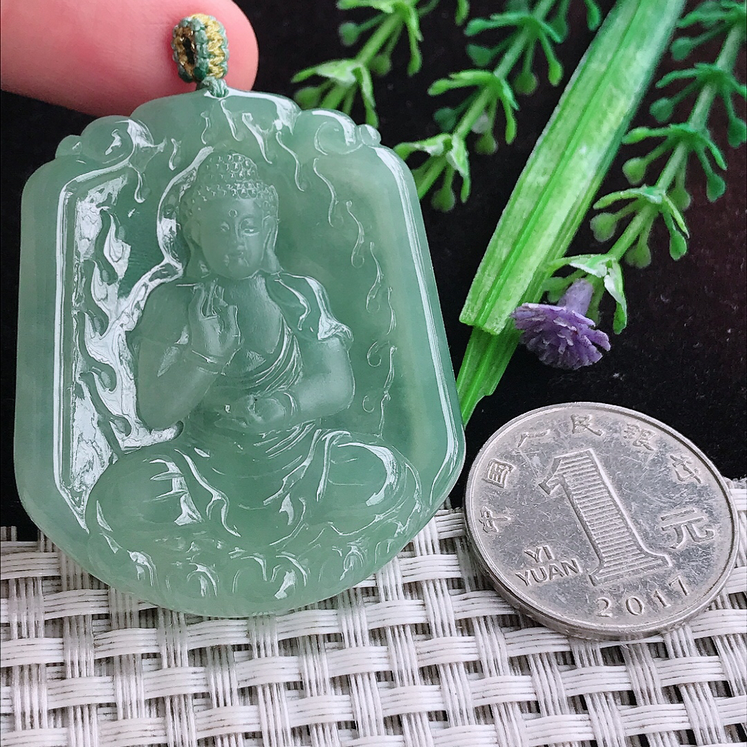 实拍A货翡翠48.3/41/5.8老坑冰胶晴底满绿阿弥陀佛吊坠翡翠玉挂件