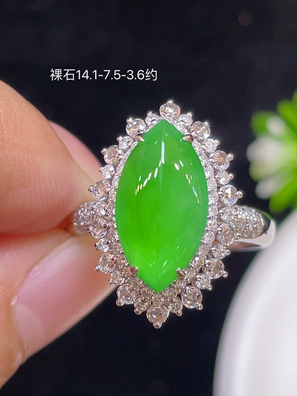 高冰阳绿，马眼戒指，大件饱满，通透水润，玉质细腻，翠色鲜艳，18k金奢华钻石镶嵌️，14.1-7.