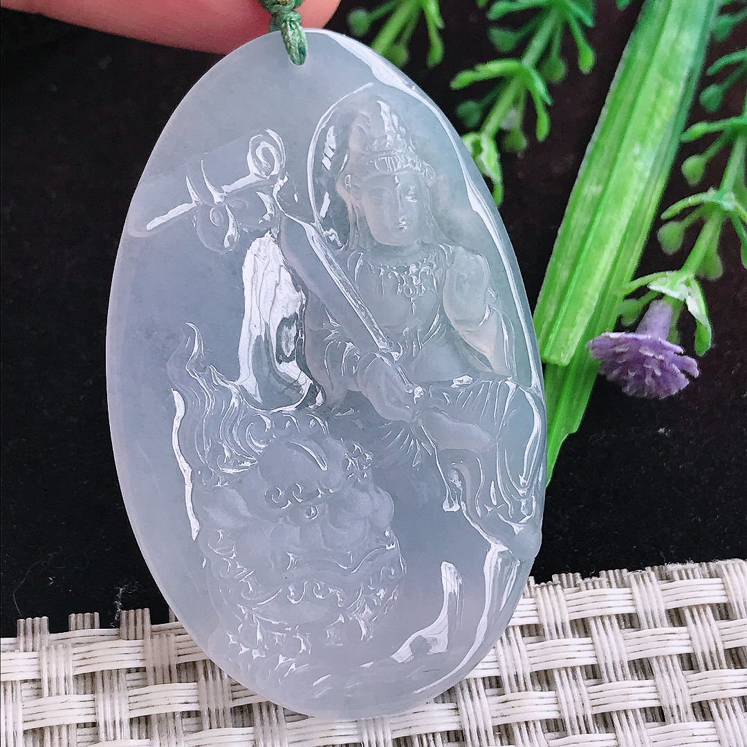 实拍A货翡翠56/36/4.5老坑冰透果冻胶冰紫罗兰文殊菩萨吊坠翡翠玉观音