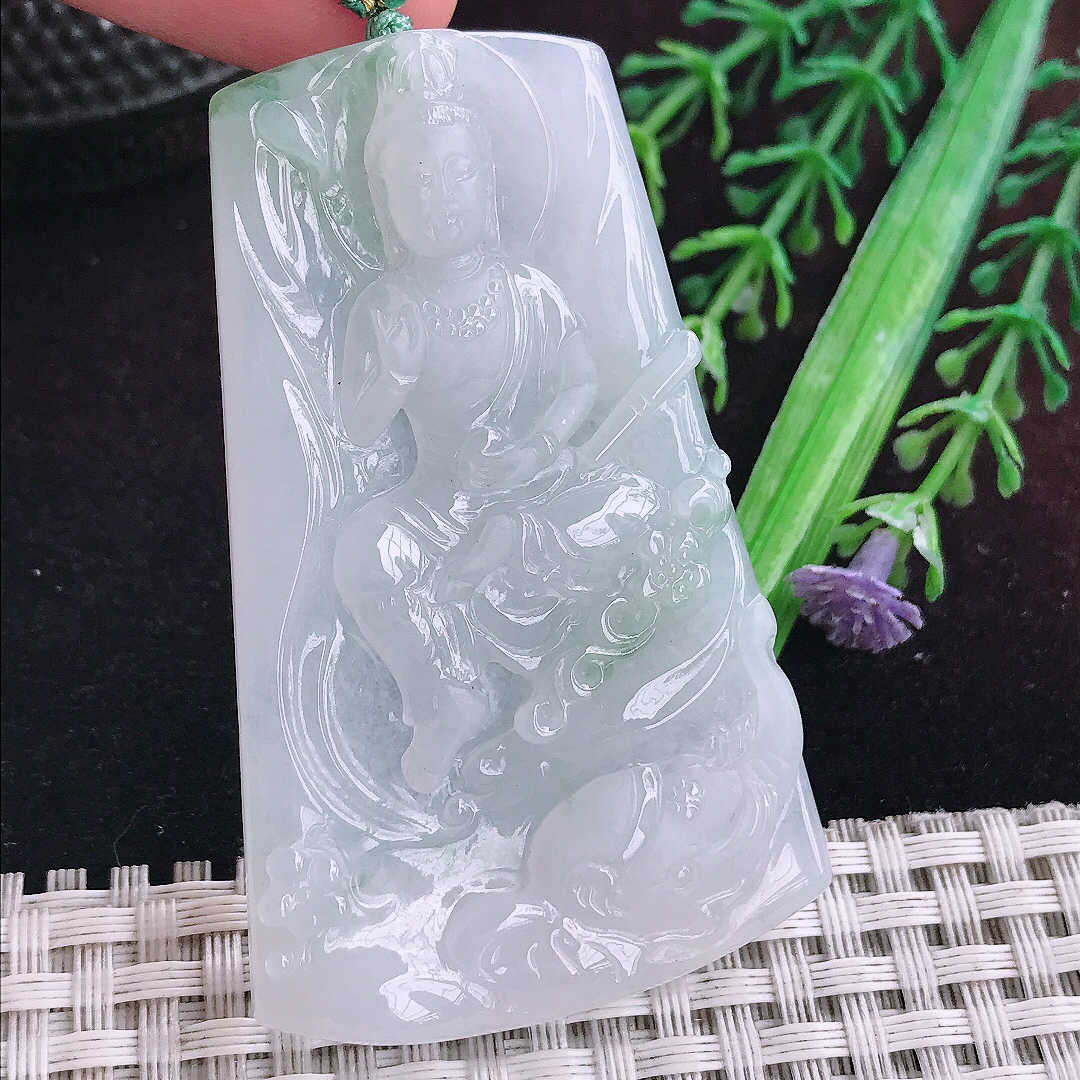 实拍A货翡翠62.5/38.8/5.6老坑冰纯起胶普贤菩萨吊坠翡翠玉观音