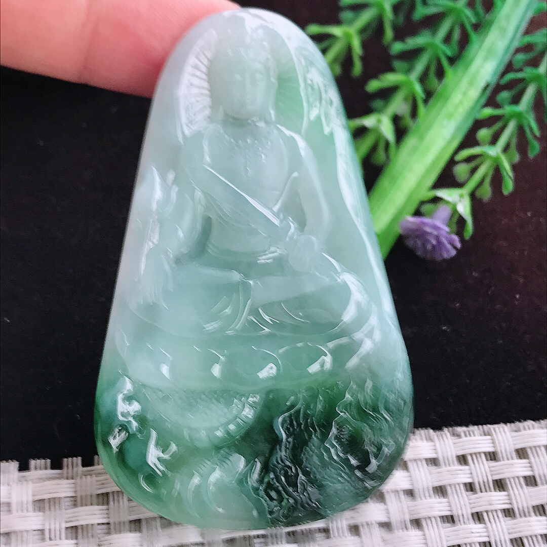 实拍A货翡翠69.6/42.6/5.8老坑冰润起胶飘花御龙观音吊坠翡翠玉挂件