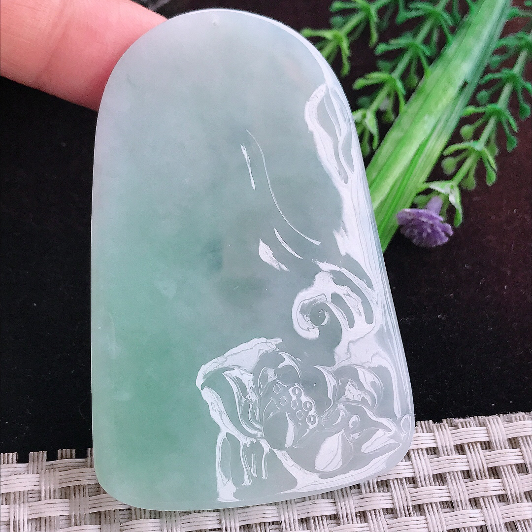 实拍A货翡翠70.6/46/5.6老坑冰润起胶晴底普贤菩萨吊坠翡翠玉观音挂件