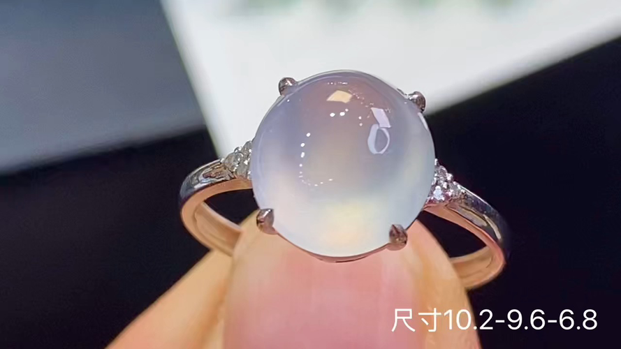 18k金+钻玻璃种蛋面戒指，无裂，10.2-9.6-6.8