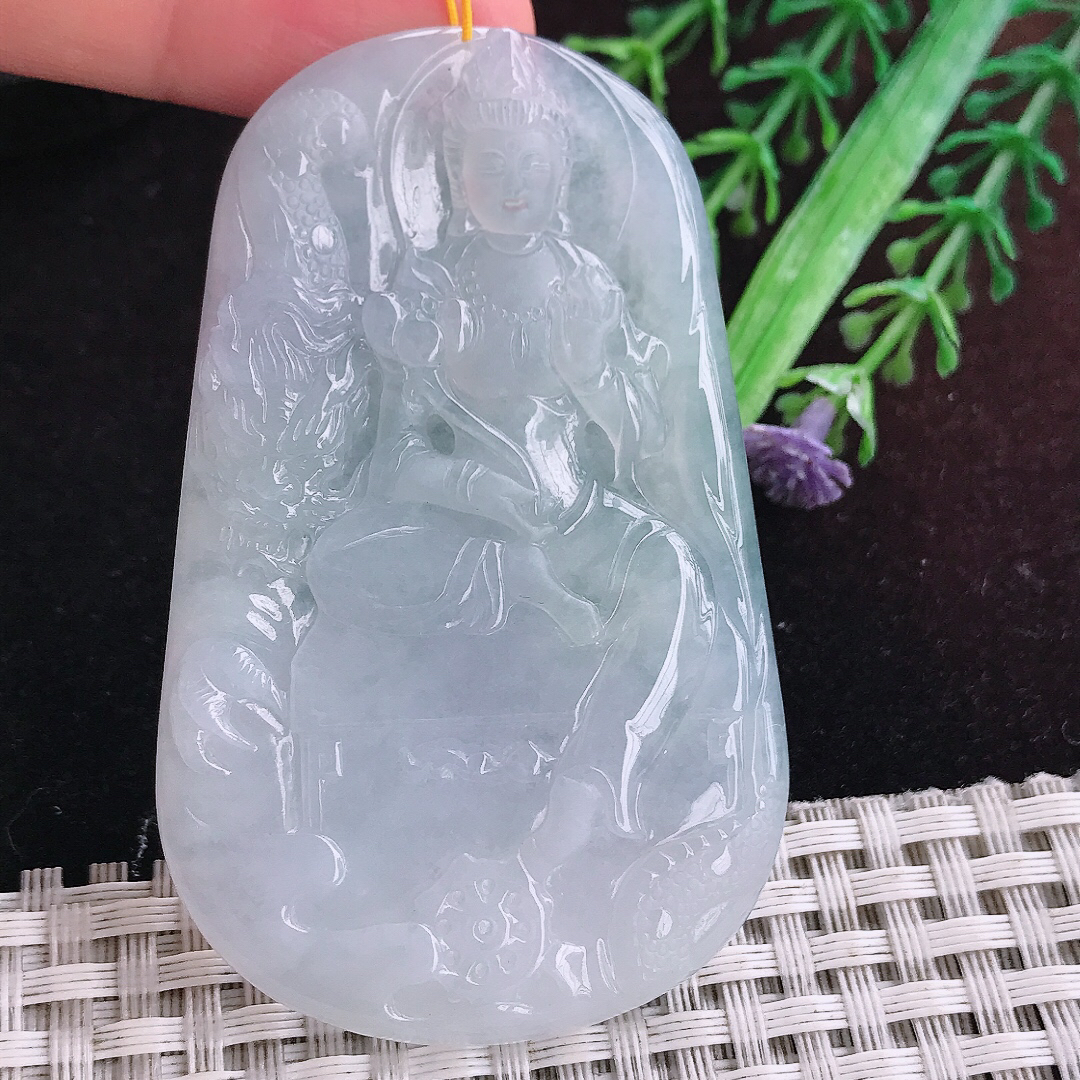 实拍A货翡翠67/43.5/5.5老坑冰胶果冻持莲观音吊坠翡翠玉大势至挂件