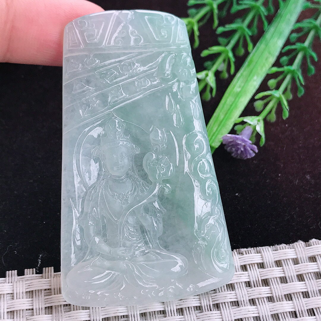 实拍A货翡翠66/39/5.6老坑冰胶晴底大势至菩萨吊坠翡翠玉持莲观音挂件
