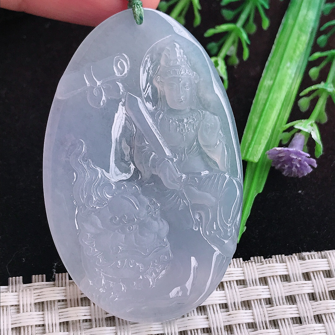 实拍A货翡翠56/36/4.5老坑冰透果冻胶冰紫罗兰文殊菩萨吊坠翡翠玉观音