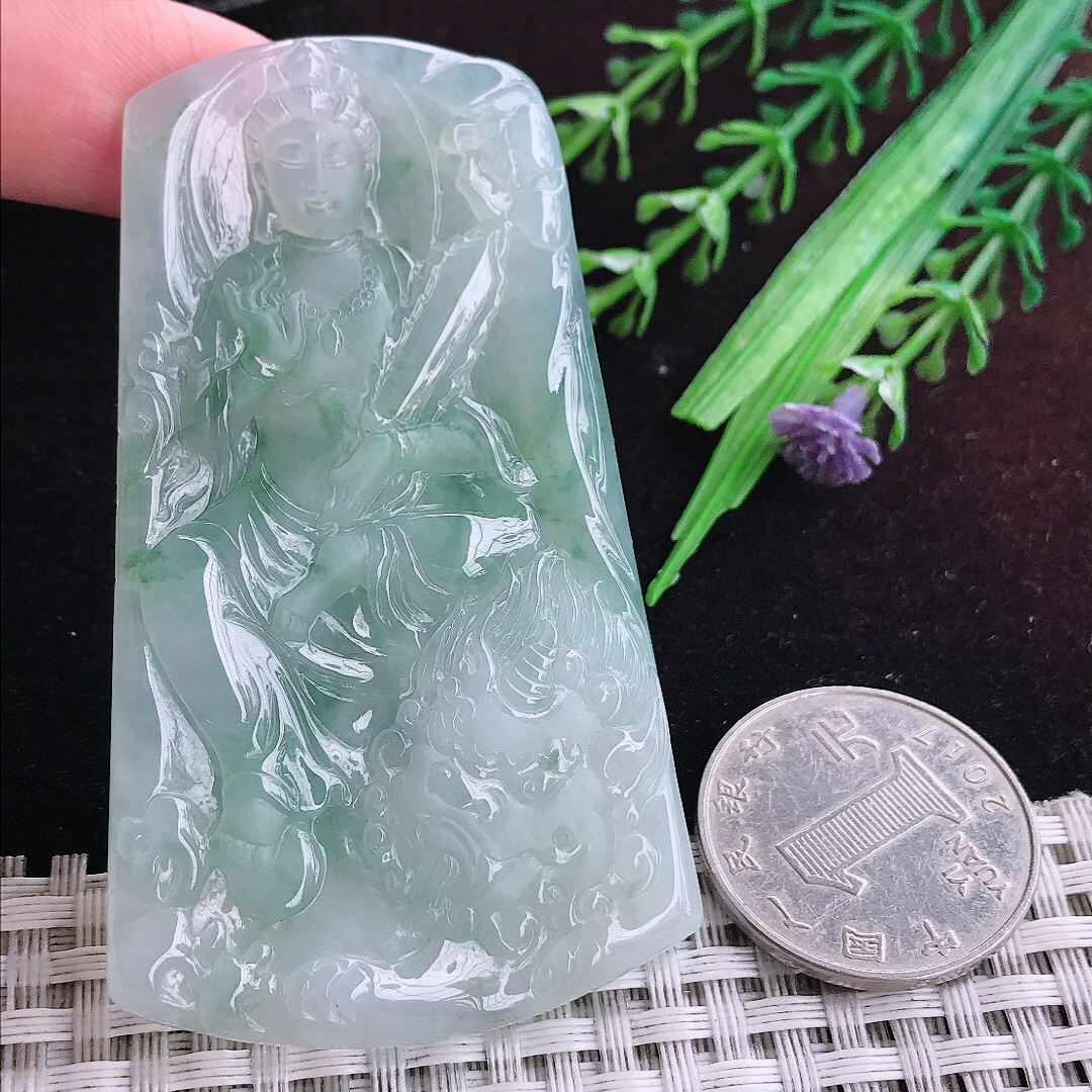 实拍A货翡翠70.5/42.8/5.7老坑冰润起胶冰飘花文殊菩萨吊坠翡翠玉挂件