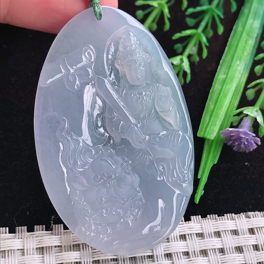 实拍A货翡翠56/36/4.5老坑冰透果冻胶冰紫罗兰文殊菩萨吊坠翡翠玉观音