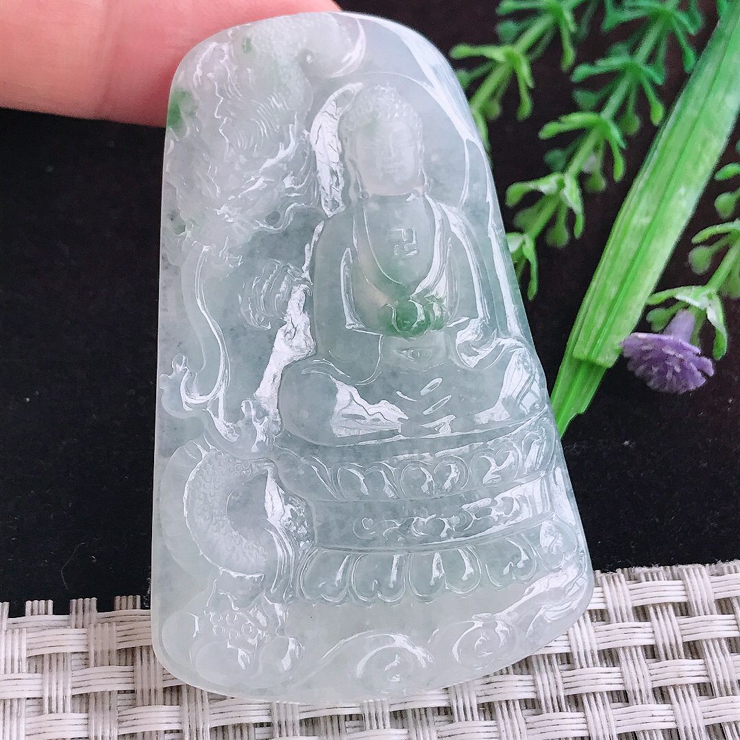 实拍A货翡翠65/41.5/6.1老坑冰胶果冻冰飘花大日如来佛祖吊坠翡翠玉