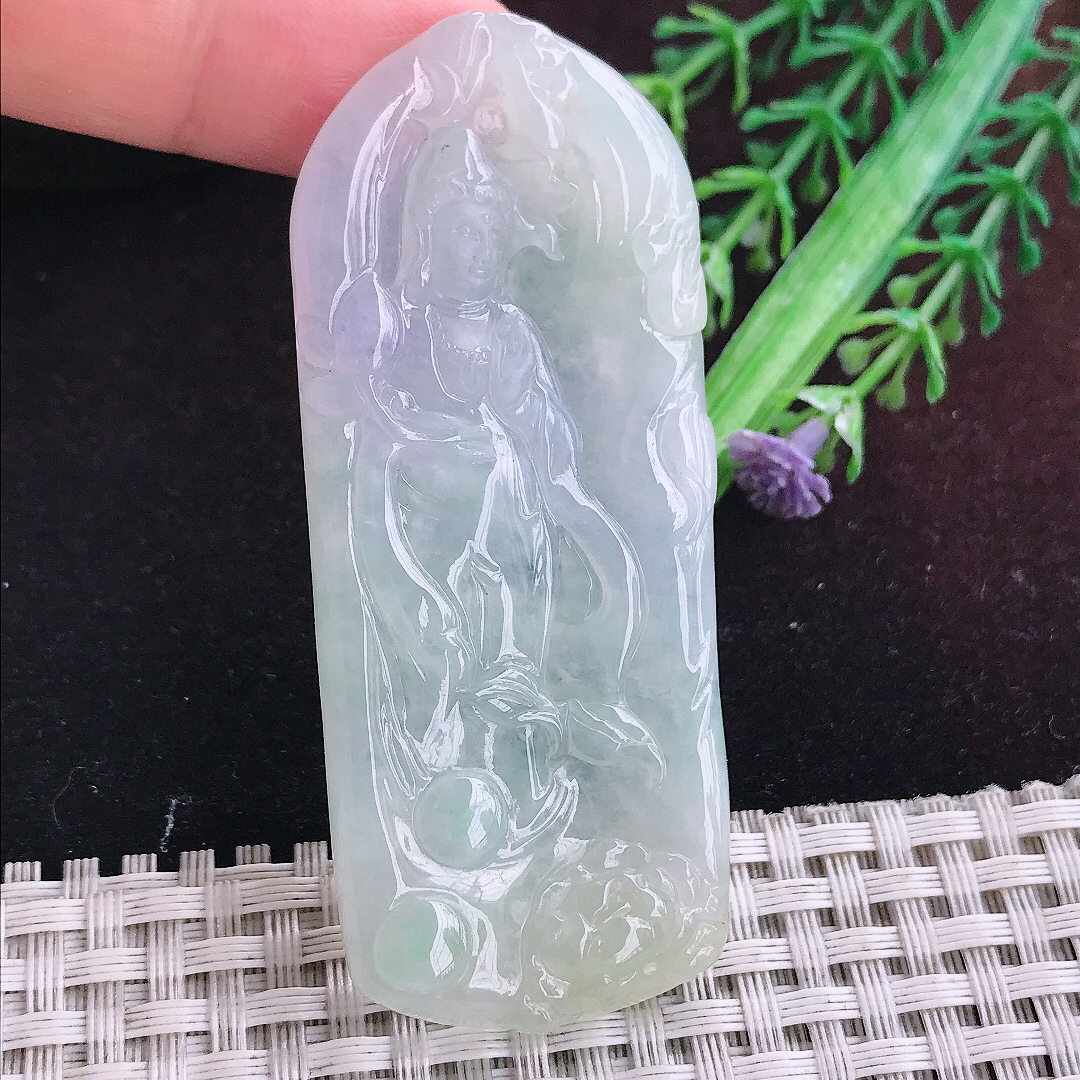 实拍A货翡翠70/29/5.3老坑冰润起胶带紫赐福观音吊坠翡翠玉观音挂件