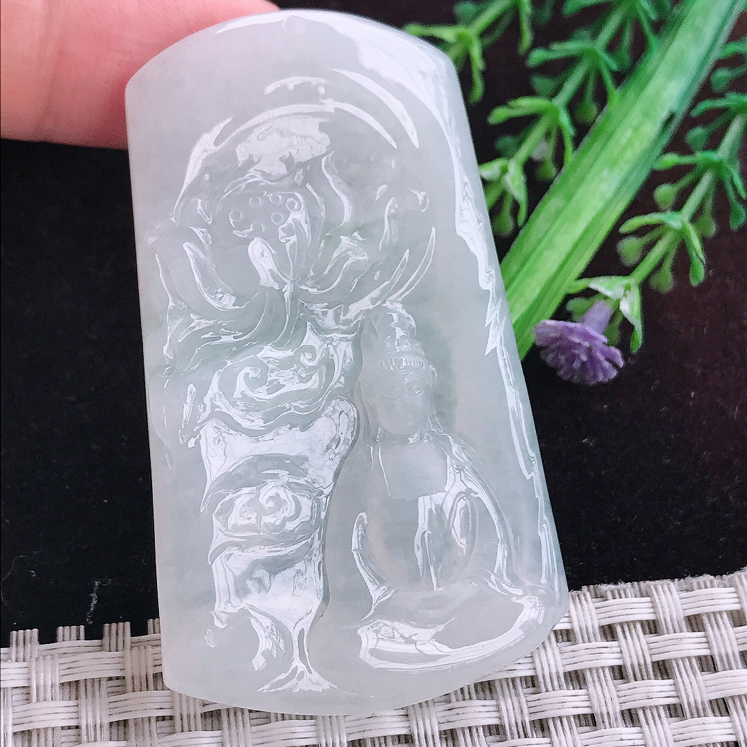 实拍A货翡翠64/38/5.2老坑冰润起胶白冰赐福观音吊坠翡翠玉挂件