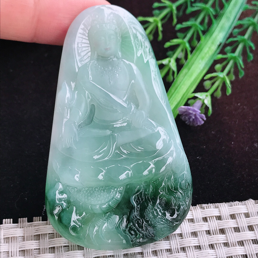 实拍A货翡翠69.6/42.6/5.8老坑冰润起胶飘花御龙观音吊坠翡翠玉挂件