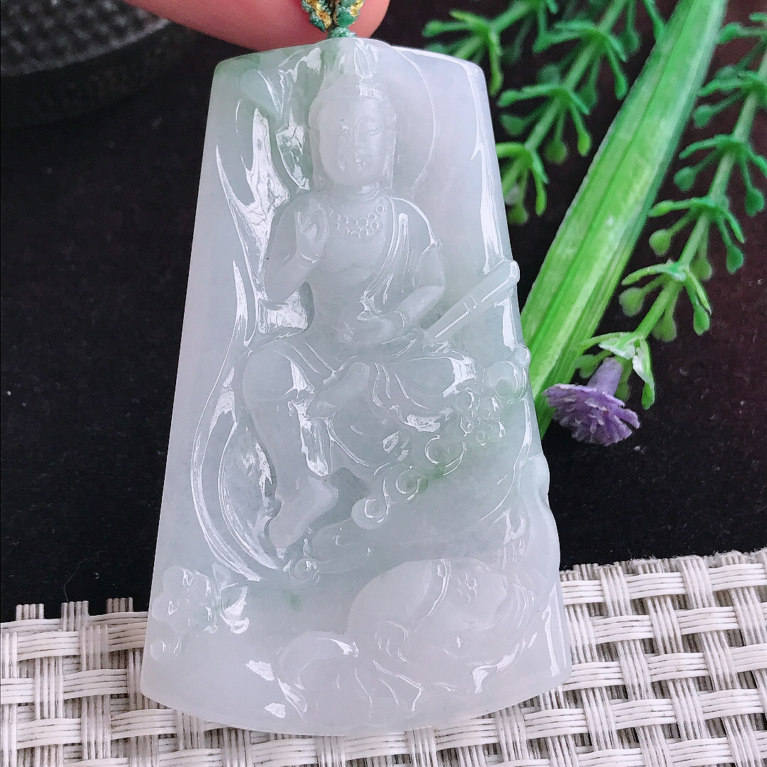 实拍A货翡翠62.5/38.8/5.6老坑冰纯起胶普贤菩萨吊坠翡翠玉观音