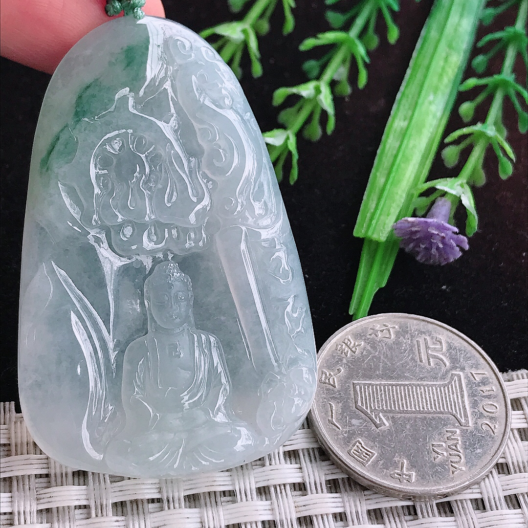 实拍A货翡翠53.6/34.7/6老坑冰透起胶冰飘花大日如来佛祖吊坠翡翠玉佛