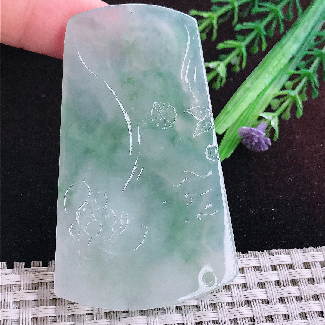 实拍A货翡翠70.5/42.8/5.7老坑冰润起胶冰飘花文殊菩萨吊坠翡翠玉挂件