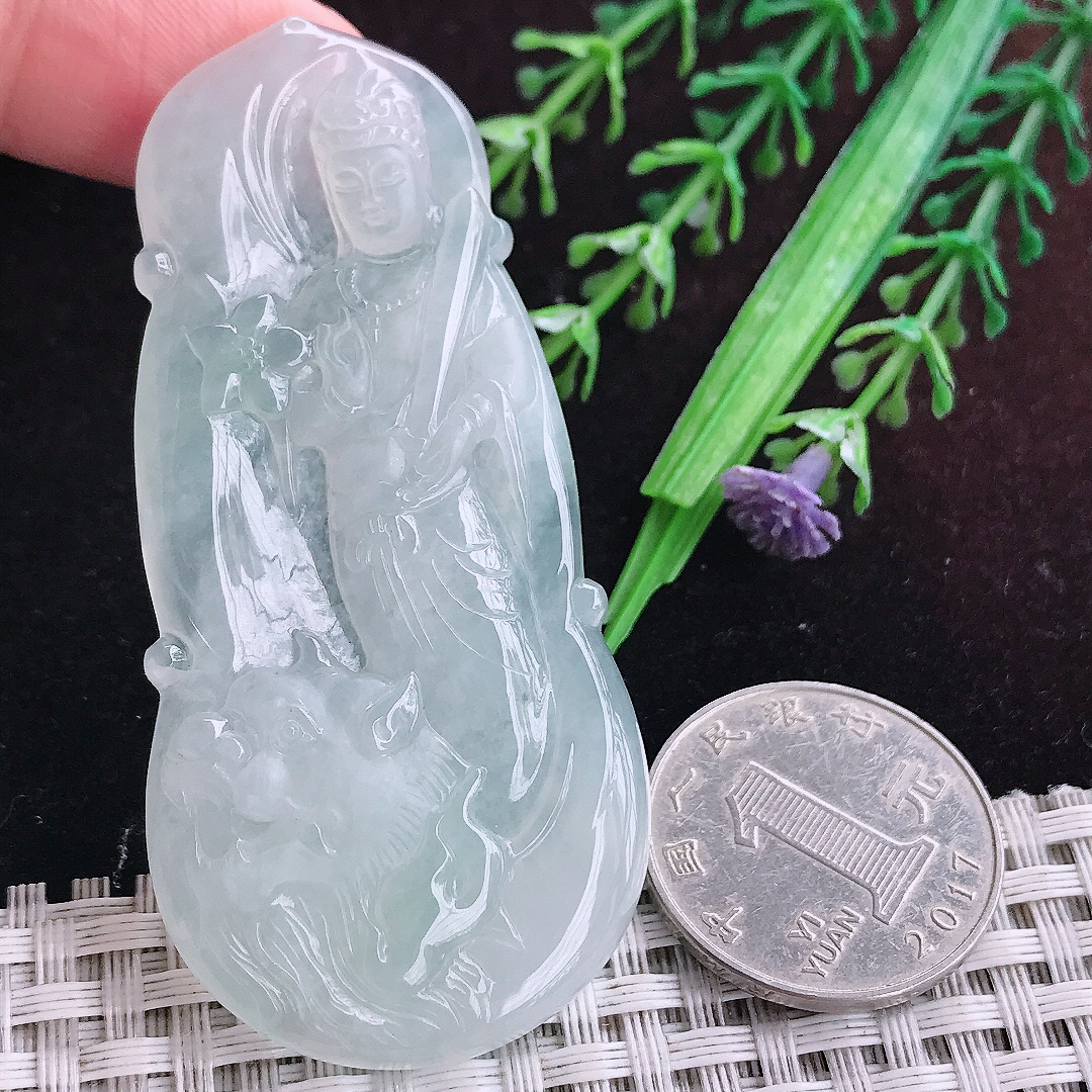 实拍A货翡翠69/32.5/5.5老坑冰透果冻胶冰晴文殊菩萨吊坠翡翠玉挂件