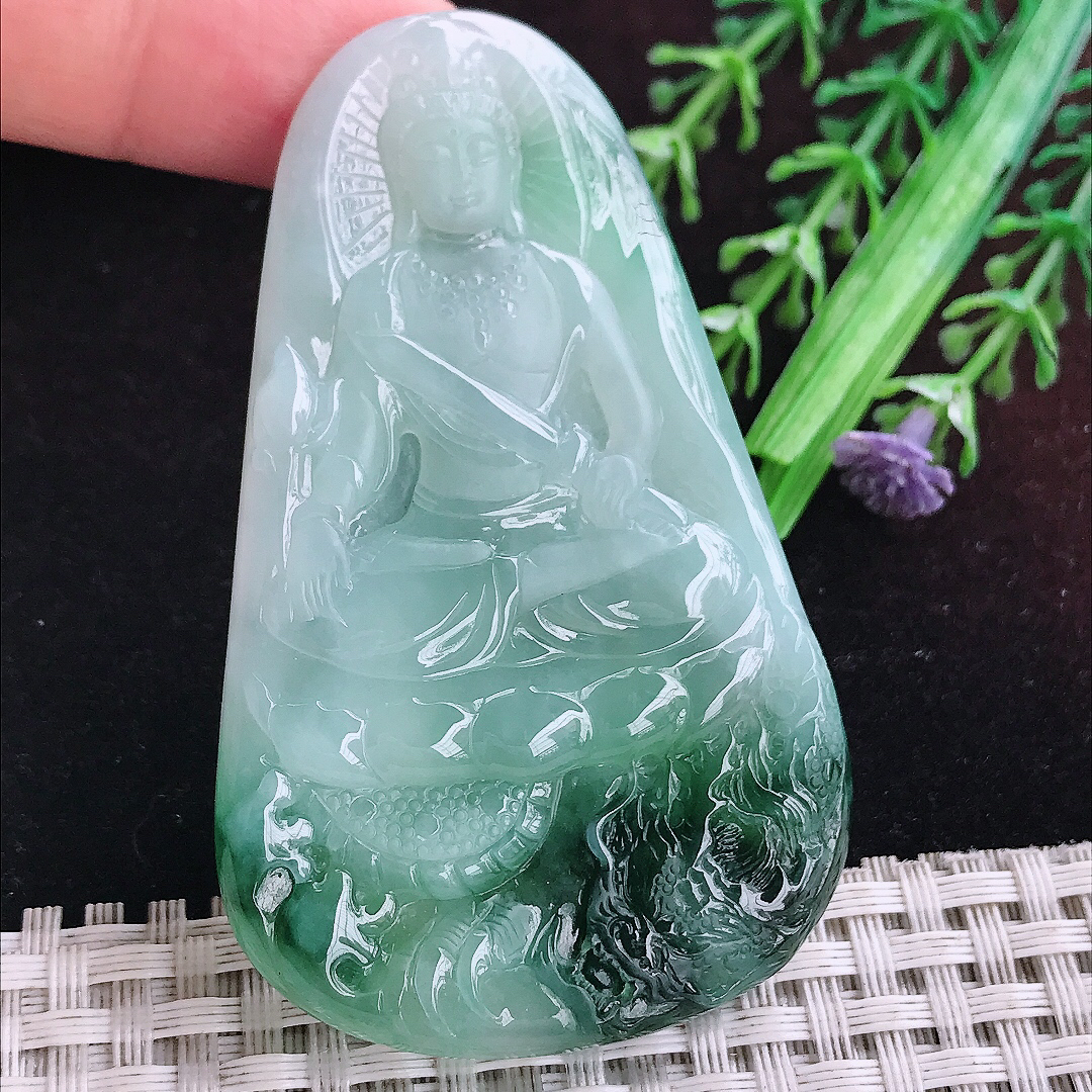 实拍A货翡翠69.6/42.6/5.8老坑冰润起胶飘花御龙观音吊坠翡翠玉挂件