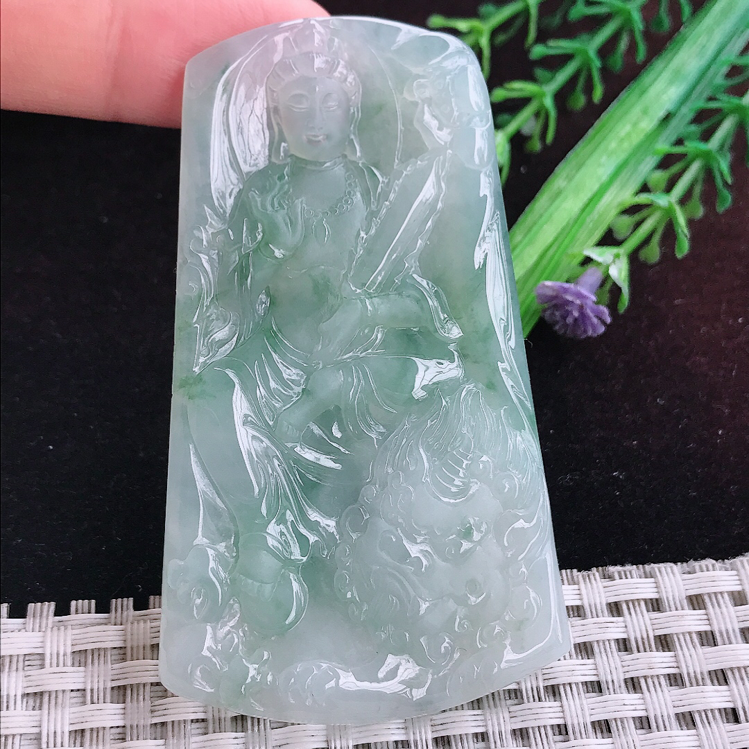 实拍A货翡翠70.5/42.8/5.7老坑冰润起胶冰飘花文殊菩萨吊坠翡翠玉挂件