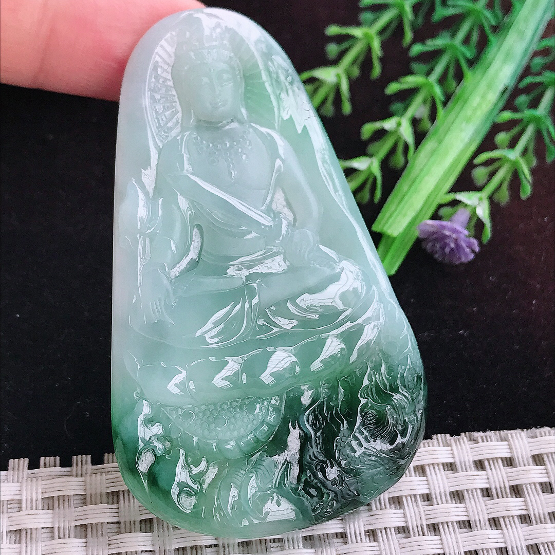 实拍A货翡翠69.6/42.6/5.8老坑冰润起胶飘花御龙观音吊坠翡翠玉挂件